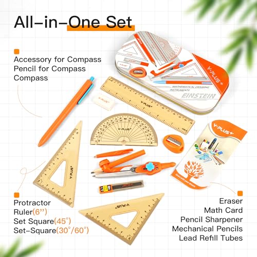 YPLUS Geometry Set, Protractor and Compass Set for Students, 12Pcs | Compass Drawing Tool with Metal Case, Rulers, Protractor, Mechanical Pen, Back to School Supplies for Students - size: 1 Count (Pack of 12)