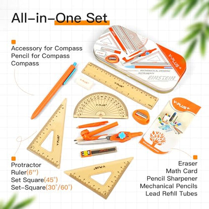 YPLUS Geometry Set, Protractor and Compass Set for Students, 12Pcs | Compass Drawing Tool with Metal Case, Rulers, Protractor, Mechanical Pen, Back to School Supplies for Students - size: 1 Count (Pack of 12)