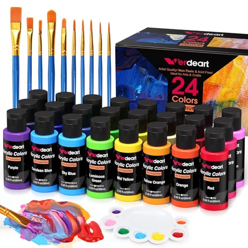 Acrylic Paint Set - 24 Colors 2 oz/59 ml Acrylic Paints for Professional Artists with 10 Brushes , Art Supplies for Painting Canvas Rock Wood Ceramic Glass Art Craft Painting, Rich Pigments Lasting Quality for Beginners - size: 2 Fl Oz (Pack of 24)
