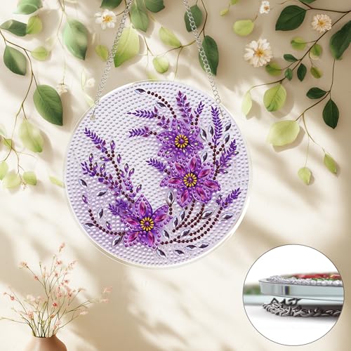 Eiflow Glass Diamond Art Hanging Kit for Adults, DIY Diamonds Painting Door Hanging Board Kit, Special Crystal Diamond Art Painting Pendant Ornament (Purple Flower) - color: Purple Flower
