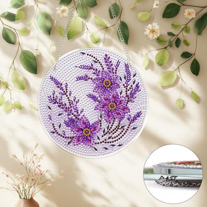 Eiflow Glass Diamond Art Hanging Kit for Adults, DIY Diamonds Painting Door Hanging Board Kit, Special Crystal Diamond Art Painting Pendant Ornament (Purple Flower) - color: Purple Flower