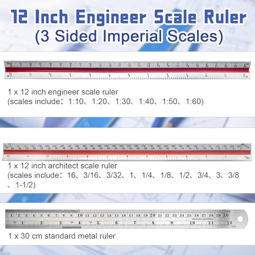 Biaungdo 3 Pack Architect Engineer Scale Ruler 12 Inch Multi for Drafting | Laser-Etched Precision Markings, Dual Imperial Metric Scales, Includes Metal Ruler, For Architects Engineers Students