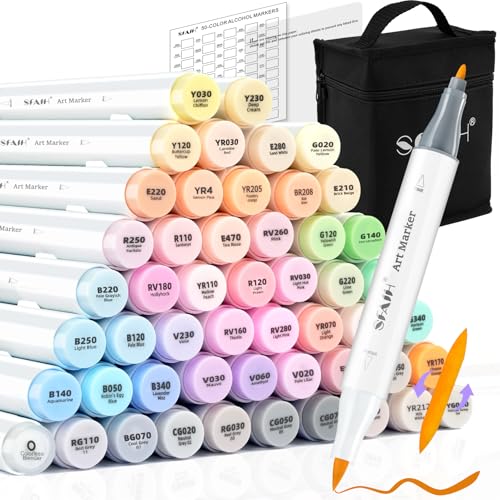 SFAIH Art Pastel Alcohol Markers Brush & Fine Tip - 51 Dreamy Colors | Seamless Blending, Reversible Brush Dual Tip Markers for Artist Adult Coloring Illustration Sketch Manga, Colorless Blender - color: 51 Colors