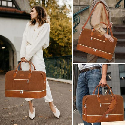 ITIEZY Weekender Bag for Women 21.5" Travel Duffel Large Carry On Bag 3PCS | Nylon Duffel Bag with Waterproof Shoe Compartment, Crossbody Bag and Toiletry Bag, Travel Weekend Hospital Overnight Gym Bag - color: 8a-Brown