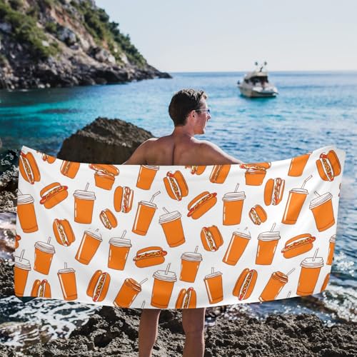 susiyo Hot Dogs and Soda Cups Beach Towel Microfiber Beach Blankets Quick Dry Oversized Sand Free Super Absorbent Lightweight Pool Towel for Travel Sport Swimming Bath Camping Yoga 31x71 inch