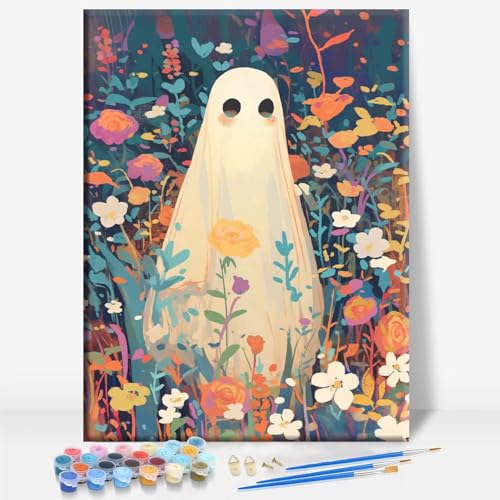 Aeontinity Cute Ghost Flower Gothic Framed Canvas DIY Paint by Numbers Kit Bar Cafe Cave Home Room Wall Bathroom Porch Patio Decor Gift, 16 x 12 Inch - color: CUTE GHOST FLOWER - 16 x 12 Inch