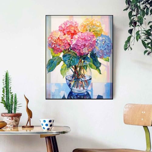 Ausanrl Flowers Framed Paint by Numbers Wooden Easel-Adult Paint by Number Kits on Canvas Framed,Paint by Number Adult,Hydrangea Paint by Numbers with Frame,Gifts and Home Wall Decor 12x16inch - color: Hydrangea
