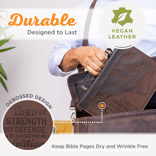 Christian Art Gifts Men's Classic Bible Cover The Lord is My Strength Lion Exodus 15:2, Brown Faux Leather, Large - size: Large