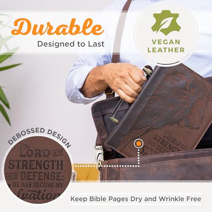 Christian Art Gifts Men's Classic Bible Cover The Lord is My Strength Lion Exodus 15:2, Brown Faux Leather, Large - size: Large