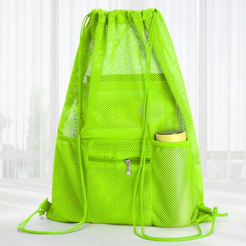 NATURAL STYLE Mesh Drawstring Backpack Bag, Gym Sports Bag with Zipper Pocket Bottle Holder, String Beach Bag for Swiming Travel (Green) - color: Green