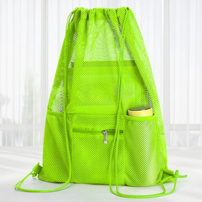 NATURAL STYLE Mesh Drawstring Backpack Bag, Gym Sports Bag with Zipper Pocket Bottle Holder, String Beach Bag for Swiming Travel (Green) - color: Green