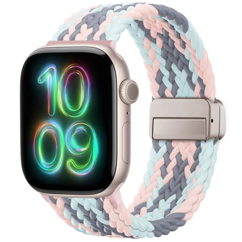 Braided Stretchy Magnetic Band Compatible with Apple Watch Bands Women Men - color: Gray Pink Blue, size: 38mm/40mm/41mm/(42mm-series 11 10)