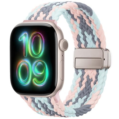 Braided Stretchy Magnetic Band Compatible with Apple Watch Bands Women Men - color: Gray Pink Blue, size: 44mm/45mm/46mm/49mm/(42mm-series 3 2 1)