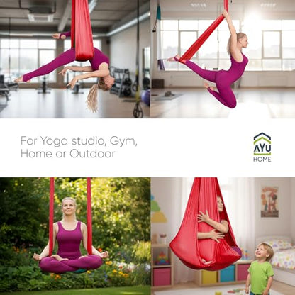 AyuHome Aerial Silks Yoga Swing Aerial Hammock Kit for Home - color: Aerial silk - Red - New