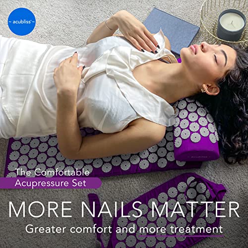 Premium Acupressure Mat, Strap & Pillow 3 Piece Gift Set, 12,348 Acupuncture Pressure Points for Back Pain Relief, Increased Energy, Relaxation, Drawstring Bag, Purple - color: Purple
