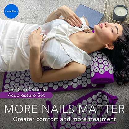 Premium Acupressure Mat, Strap & Pillow 3 Piece Gift Set, 12,348 Acupuncture Pressure Points for Back Pain Relief, Increased Energy, Relaxation, Drawstring Bag, Purple - color: Purple