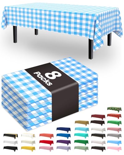 Pureegg Plastic Table Cloth Disposable 8 Pack 54 x 108 Inch, Blue Plaid | Party Supplies, Picnic, Checkered Decor, Leakproof & Sturdy, Blue Plaid, Tablecloth - color: Blue and White, size: 54" X 108" Rectangle