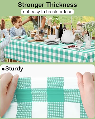 Smiry 12 Packs Gingham Disposable Table Cloth, 54 x 108 Inch Waterproof Plastic Tablecloth, Rectangle Teal and White Checkered Table Covers for Picnic, Birthday, Party - color: Teal and White, size: 54"x108" (Pack of 12)