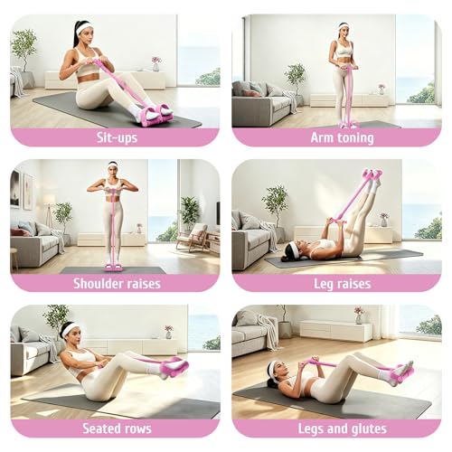 7F 2026 Pedal Resistance Band with Handles, 6-Tube Elastic Exercise Band for Abdomen/Waist/Arm/Leg, Durable Natural Rubber Home Gym Fitness Equipment, Pink