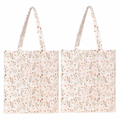 Kazova Floral Tote Bag for Women Canvas Cotton Book Bag Boho Wildflower Reusable Shoulder Tote with Inner Pocket for Students Class Daily Use 25x13.8 Inch - color: Boho a