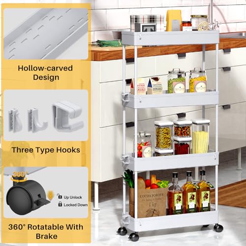 SPACEKEEPER Slim Rolling Storage Cart 4 Tier Bathroom Organizer Mobile Shelving Unit Storage Rolling Utility Cart Tower Rack for Kitchen Bathroom Laundry Narrow Places, Gray | Narrow Rolling Cart with Wheels for Kitchen Office Bathroom Laundry Room,Mobile