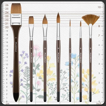 Sable Watercolor Brushes Professional, Fuumuui 7Pcs Sable Brush Set Variety Shapes with Flat, Round Pointed, Cat's Tongue Oval Wash Fan Brush Perfect for Watercolor Gouache Inks Painting - color: Brown+black