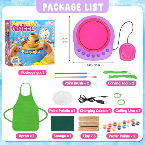 Weilim Pottery Wheel for Kids Beginners, Air-Dry Clay & Paint Kit Ages 6-12 | 3 Clay Packs, 14 Paint Colors, Sculpting Tools, Brushes, Palette,Apron; Gentle Beginner Spin, USB Rechargeable, No Oven - color: Purple