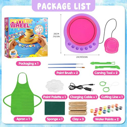 Weilim Pottery Wheel for Kids Beginners, Air-Dry Clay & Paint Kit Ages 6-12 | 3 Clay Packs, 14 Paint Colors, Sculpting Tools, Brushes, Palette,Apron; Gentle Beginner Spin, USB Rechargeable, No Oven - color: Purple