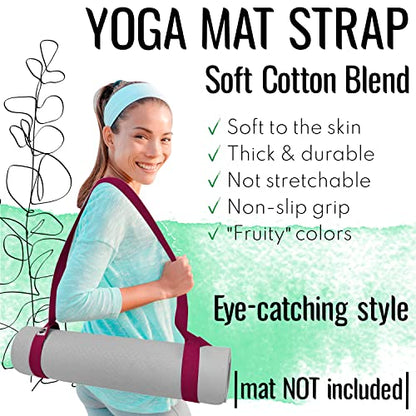TECEUM Yoga Strap Bundle - Light Green Polypropylene 1' Stretching Strap & Deep Raspberry Cotton Blend 64 IN Yoga Mat Sling