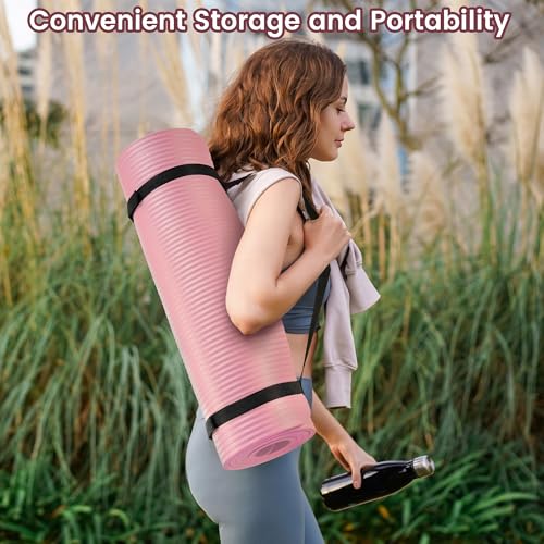 Fitvids Yoga Mat, 1/2-Inch Extra Thick High Density Exercise Mat, Anti-Tear Exercise Yoga Mat with Carrying Strap, Suitable for Various Yoga Exercises - color: Pearly Pink