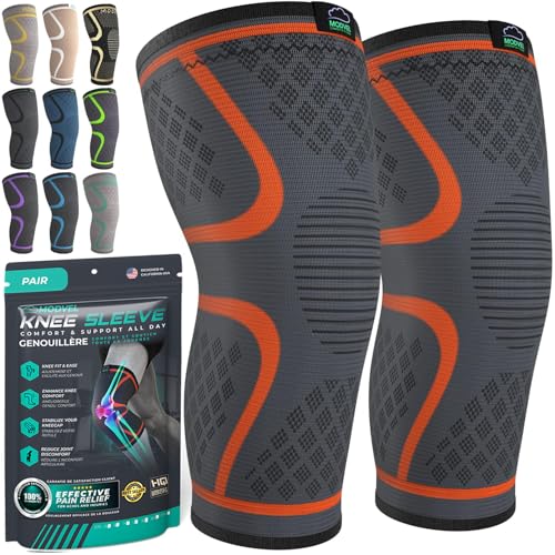 Modvel Compression Knee Brace for Women & Men - 2 Pack Knee Brace for Women Running Knee Pain, Knee Support Compression Sleeve, Workout Sports Knee Braces for Meniscus Tear ACL & Arthritis Pain Relief - color: A Orange, size: Small