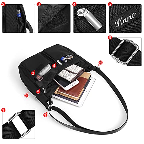 Kamo Crossbody for Women - Multi-pocket Shoulder Lightweight Messenger Casual Printed Purse Handbag Travel Bag - color: Black