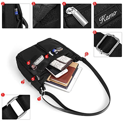 Kamo Crossbody for Women - Multi-pocket Shoulder Lightweight Messenger Casual Printed Purse Handbag Travel Bag - color: Black