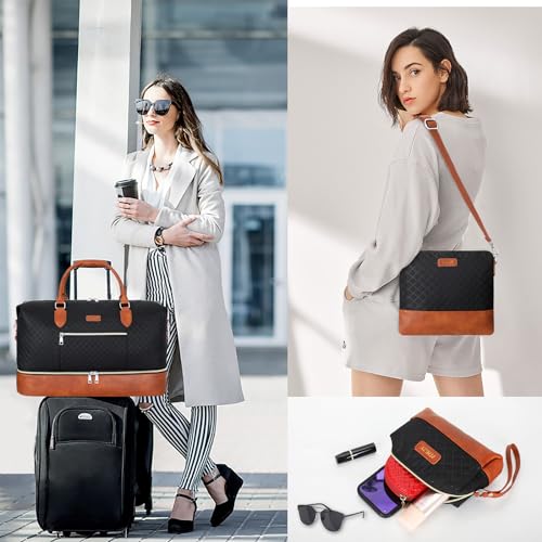 ITIEZY Weekender Bag for Women 21.5" Travel Duffel Large Carry On Bag 3PCS | Nylon Duffel Bag with Waterproof Shoe Compartment, Crossbody Bag and Toiletry Bag, Travel Weekend Hospital Overnight Gym Bag - color: 4-Black