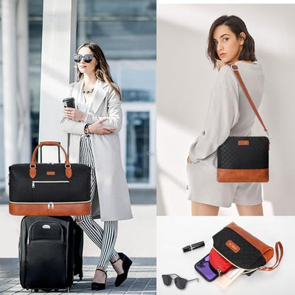 ITIEZY Weekender Bag for Women 21.5" Travel Duffel Large Carry On Bag 3PCS | Nylon Duffel Bag with Waterproof Shoe Compartment, Crossbody Bag and Toiletry Bag, Travel Weekend Hospital Overnight Gym Bag - color: 4-Black