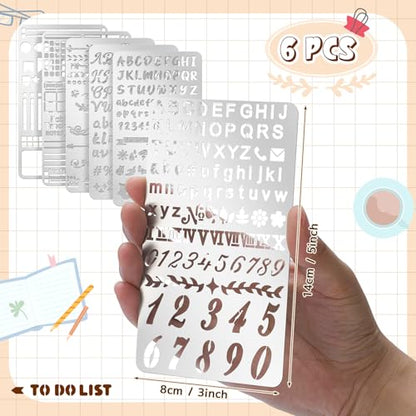 Lewtemi 6 Pcs Metal Wood Burning Stencils, Journal Style Letters Numbers | Engraving Templates for Journaling Crafts, Uppercase Lowercase Symbols, Reusable in Wood Carving Scrapbooking Projects - style: Journal Style