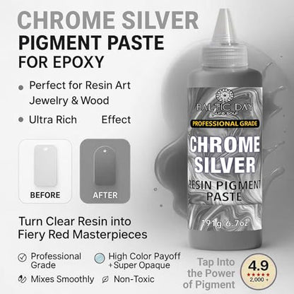 BALTIC DAY Chrome Silver Epoxy Resin Pigment Paste, Extra Large 191g (6.7oz) – Metallic Resin Colorant, Highly Concentrated Epoxy Dye, Mica Powder Alternative for Resin Art, Jewelry, Tumblers, Geode & Crafts - color: Chrome Silver