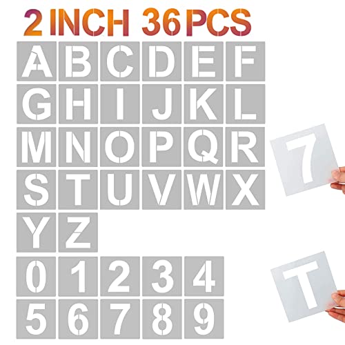 YEAJON 2 Inch Letter Stencils and Numbers, 36 Pcs Alphabet Art Craft Stencils, Reusable Plastic Templates for Wood, Wall, Fabric, Rock, Signage, DIY Art Projects - size: 2 Inch