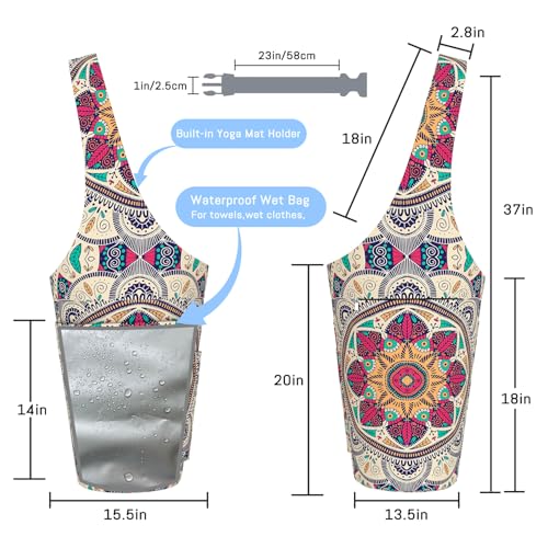 Mandala Yoga Mat Bag with Large Waterproof Zipper Pocket and Drawstring Pocket Long Tote Yoga Mat Carrier Holder Bags Fit Most Size Mats - color: Beige