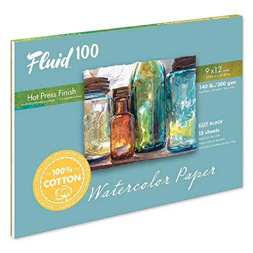 Fluid 100 Watercolor Paper Block, 9 x 12 inches, 15 Sheets, 140 lb (300 GSM) 100% Cotton Hot Press Pad for Artist Painting and Wet Media - size: 9 x 12