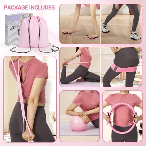 Takywep Women’s Home Pilates Starter Kit, Complete Training Set with 13 Inch Magic Pilates Circle, Mini Exercise Ball & Elastic Resistance Bands, All-in-One Fitness Accessories