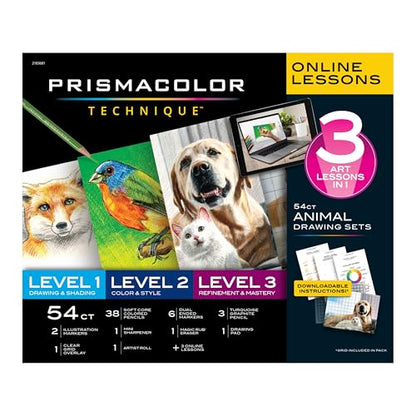 Prismacolor Technique Art Supplies and Digital Art Lessons, Animal Drawing Set Bundle, Levels 1-3, Adult Coloring, 54 Count - style: Animal Level 1-3