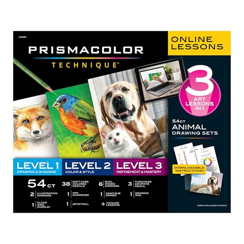 Prismacolor Technique Art Supplies and Digital Art Lessons, Animal Drawing Set Bundle, Levels 1-3, Adult Coloring, 54 Count - style: Animal Level 1-3