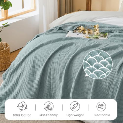 EMME Muslin Blankets for Adults, Cotton Large Throw Blanket 4-Layer, Couch Breathable Gauze Soft Lightweight Bed Blankets, Two-Tone Weave Design, Pre-Washed Softer Touch (Heather Teal, 50"x70") - color: 02 - Teal, size: Large Throw (50" X 70")