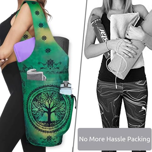 Yoga Mat Bag - Large Opening Long Tote Yoga Mat Carrier Holder Bag with Waterproof Wet Zipper Pocket and Drawstring Water Bottle Pocket - Yoga Bag Fit Most Size Mats - color: Tree of Life Green