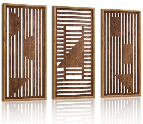 HPNIUB 3PCS Wooden Geometric Wall Decor, Modern Stripes Wood Design Wall Sculpture for Living Room, Vintage Minimalist Mid Century Rectangle Wood Sign Geometry Artwork for Home Bedroom(8x16Inch) - color: Modern Geometric Wooden Wall Art