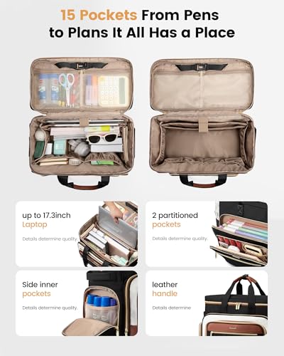 LOVEVOOK Rolling Teacher Bag, Laptop Tote with Detachable Dolly | Fits 17.3 Inch Laptop, Detachable Dolly, Large Rolling Tote Bag for Teacher Office Work Nurse, Adjustable Handle - color: Quilted-Black-beige-brown