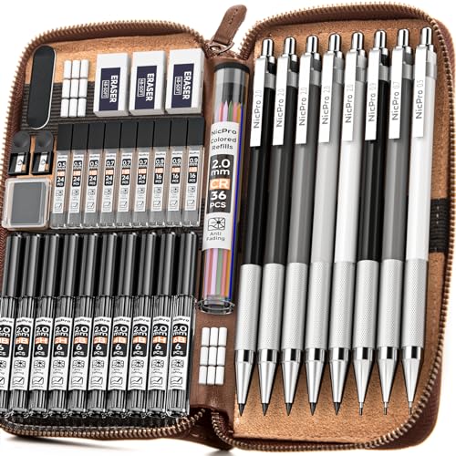 Nicpro 38PCS Art Mechanical Pencils Set in Leather Case | 3 PCS Metal Drafting Pencil 0.5/0.7/0.9/5 PCS 2mm Lead Holder (6B 4B 2B HB 2H 4H Colors) For Sketching With 20 Tube Lead - size: 38PCS