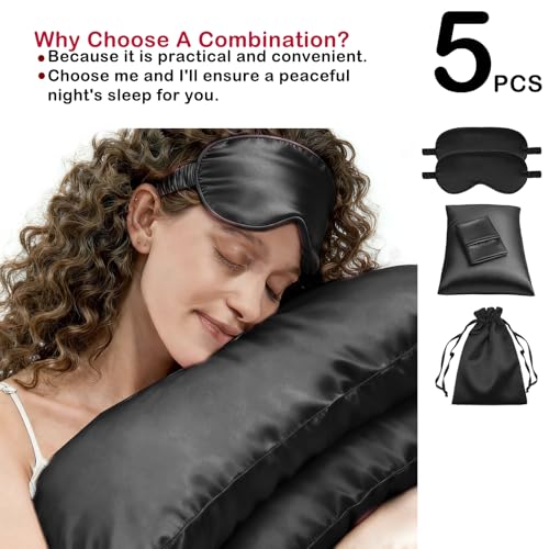 5Pcs Silky Sleep Mask Eye Masks Breathable Soft Satin Pillowcases Set for Sleeping Similar to Silk Pillowcase Travel Gift - color: Black-queen Size