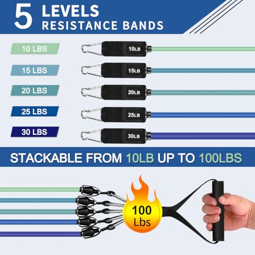 WHATAFIT Resistance Bands, 5 Level Exercise Bands with Handles for Workout - color: 10-100LB-Blue
